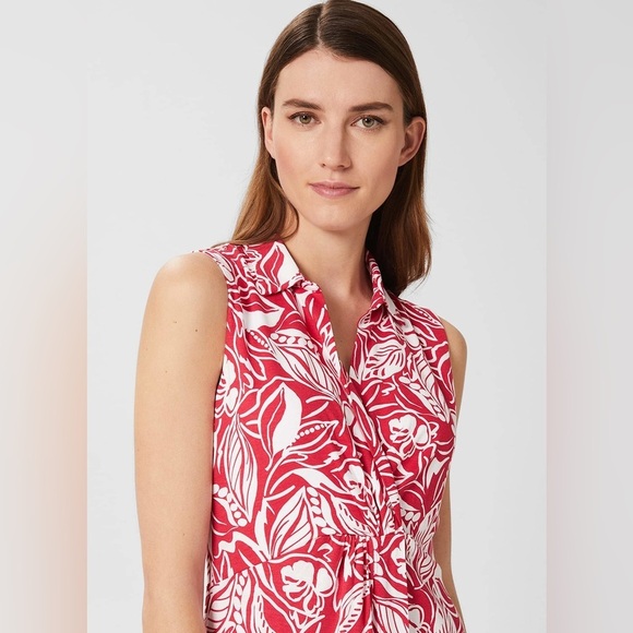 Hobbs London Nadia Jersey Dress Sleeveless Collared Red White Tropical P… - Picture 5 of 16